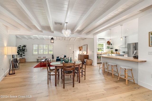 dining room featuring beamed ceiling, light hardwood / wood-style flooring, and plenty of natural light