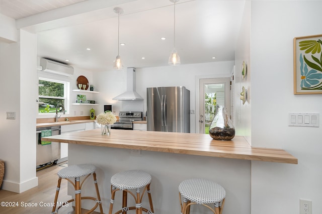 kitchen featuring pendant lighting, wall chimney exhaust hood, a kitchen breakfast bar, and appliances with stainless steel finishes