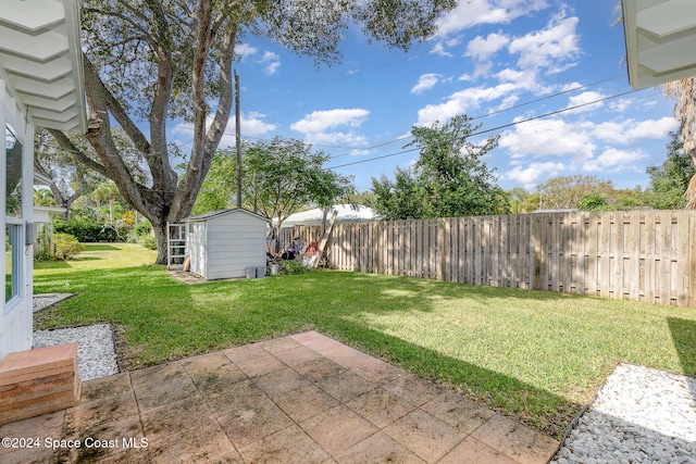 view of yard featuring a storage shed and a patio area