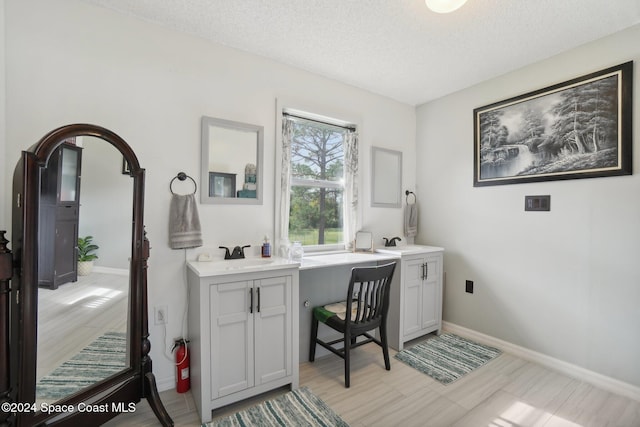 office featuring a textured ceiling, light hardwood / wood-style floors, and sink