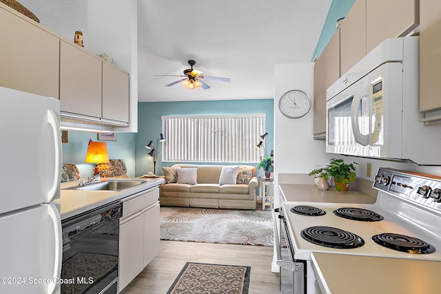 kitchen featuring white appliances, light wood-style flooring, open floor plan, light countertops, and a sink