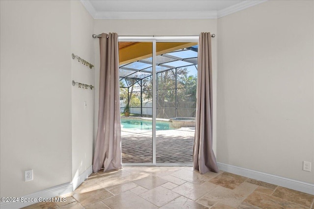 doorway to outside with ornamental molding