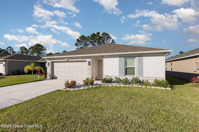 ranch-style house with a front yard and a garage