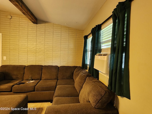 tiled living room featuring tile walls and lofted ceiling