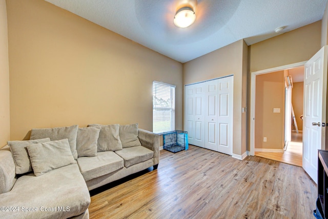 living room featuring a textured ceiling and light wood-type flooring