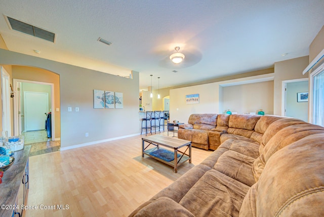 living room with light hardwood / wood-style floors and a textured ceiling