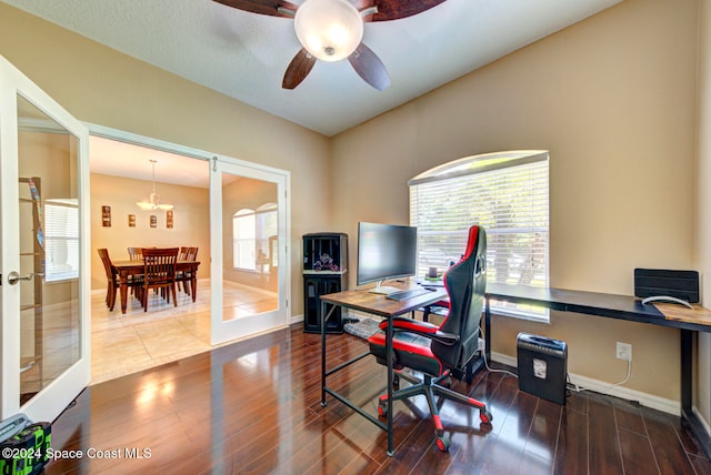 office with french doors, dark hardwood / wood-style flooring, and ceiling fan