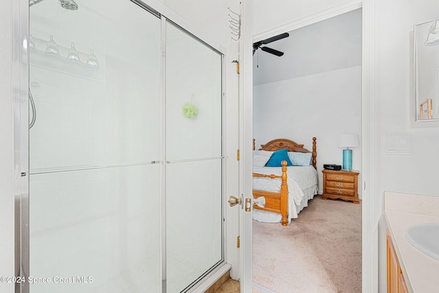 carpeted bedroom featuring ceiling fan