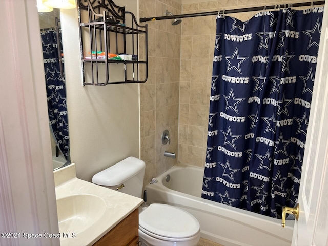 full bathroom with vanity, toilet, and shower / bathtub combination with curtain