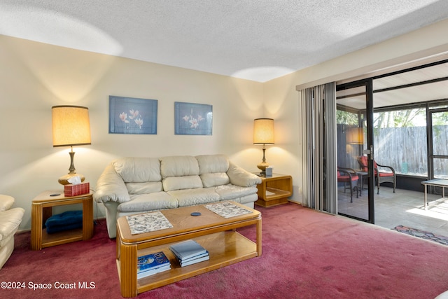 carpeted living room featuring a textured ceiling