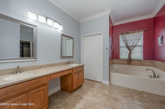 bathroom featuring vanity, ornamental molding, and tiled bath