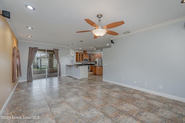 unfurnished living room featuring ceiling fan and crown molding