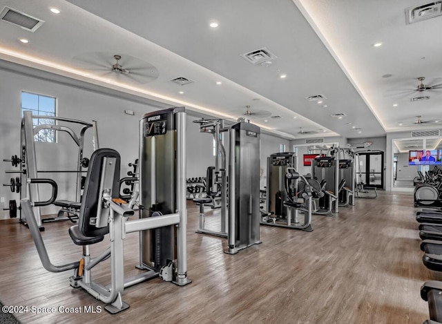 exercise room with hardwood / wood-style flooring and ceiling fan