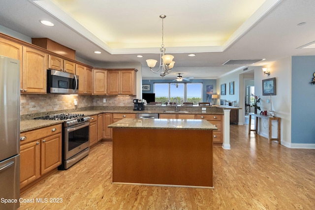 kitchen with kitchen peninsula, appliances with stainless steel finishes, a center island, and light hardwood / wood-style flooring