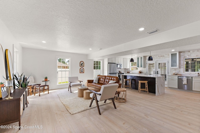 living room featuring a textured ceiling and light hardwood / wood-style flooring