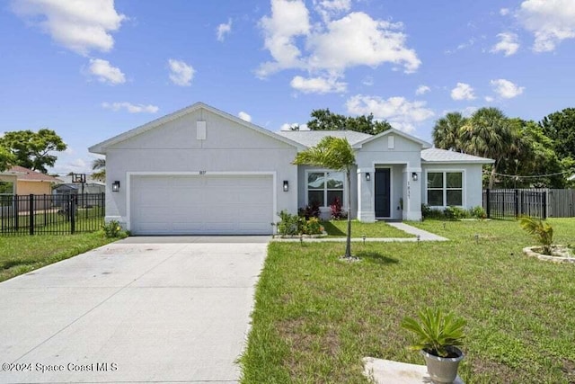 ranch-style house with a garage and a front lawn