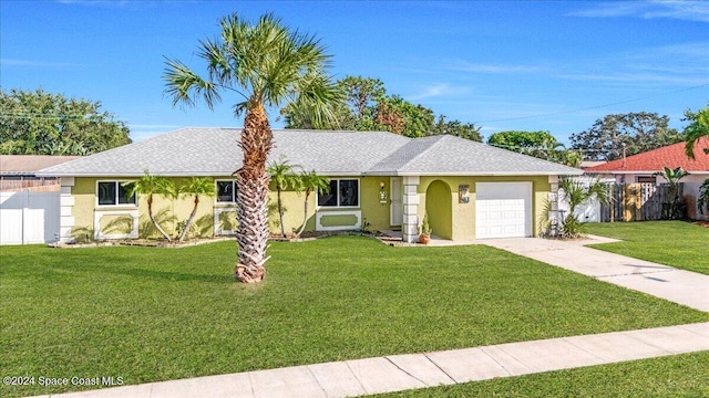 ranch-style home featuring a garage and a front lawn