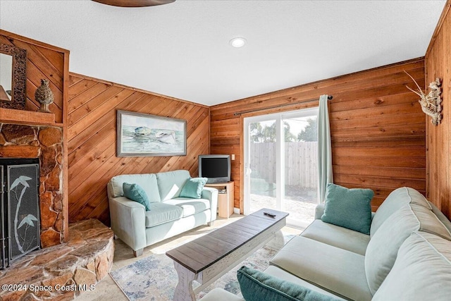 living room with wooden walls