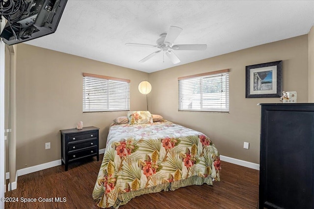 bedroom with multiple windows, ceiling fan, dark wood-type flooring, and a textured ceiling