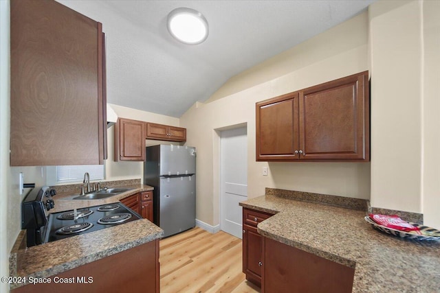 kitchen with appliances with stainless steel finishes, light hardwood / wood-style flooring, lofted ceiling, and sink