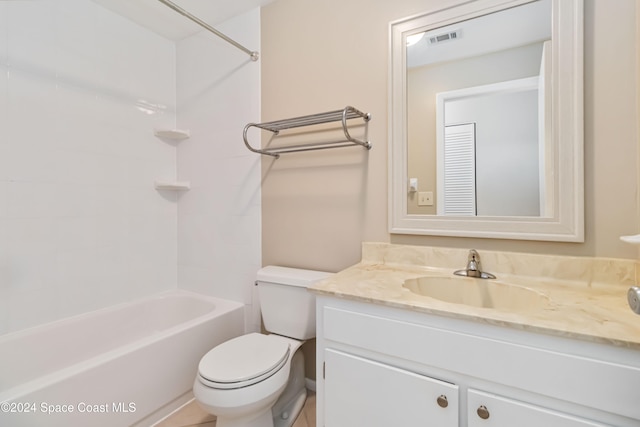 full bathroom featuring shower / tub combination, tile patterned flooring, vanity, and toilet