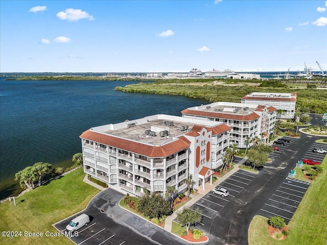 drone / aerial view with a water view