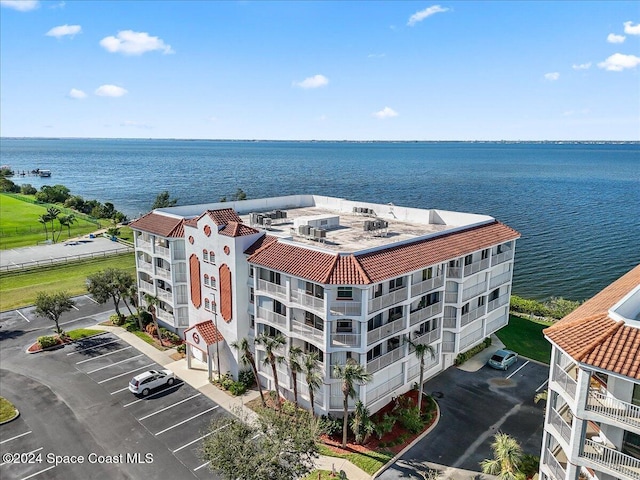 aerial view featuring a water view