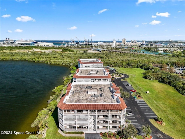 aerial view featuring a water view