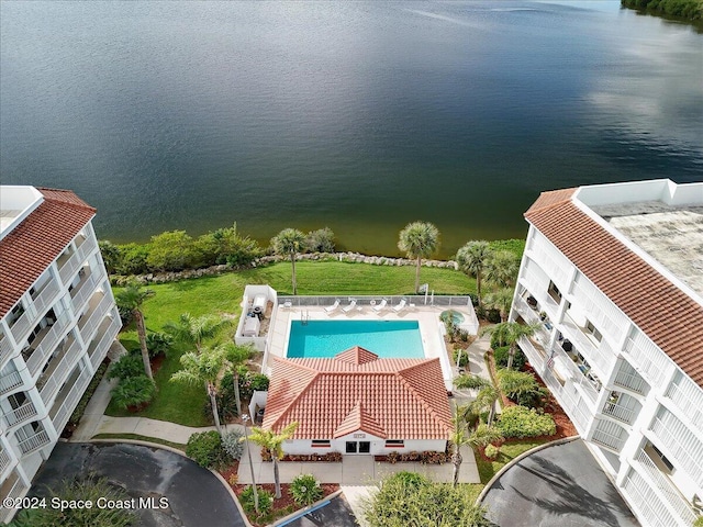 drone / aerial view featuring a water view