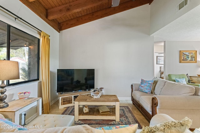 living room with tile patterned flooring, beam ceiling, high vaulted ceiling, and wood ceiling