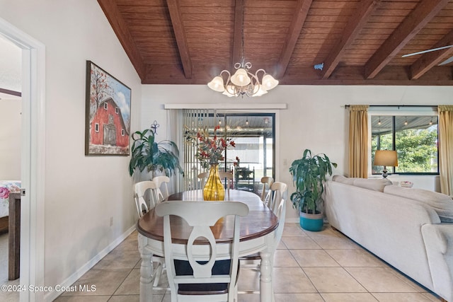 tiled dining space featuring vaulted ceiling with beams, an inviting chandelier, and wood ceiling