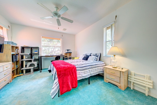 bedroom featuring carpet flooring and ceiling fan