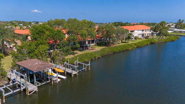 drone / aerial view featuring a water view