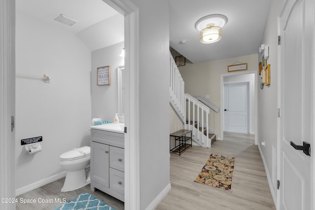 bathroom featuring vanity, toilet, and wood-type flooring