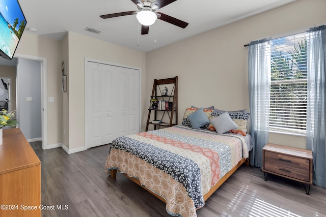 bedroom featuring ceiling fan, wood-type flooring, and a closet