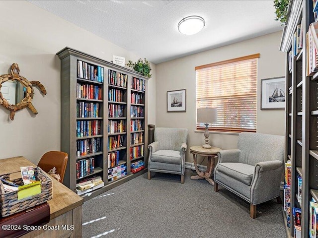 living area featuring carpet flooring and a textured ceiling