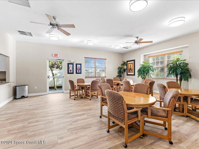 dining area featuring ceiling fan, plenty of natural light, and light hardwood / wood-style floors