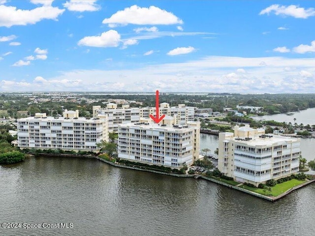 drone / aerial view featuring a water view