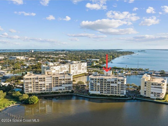 drone / aerial view with a water view