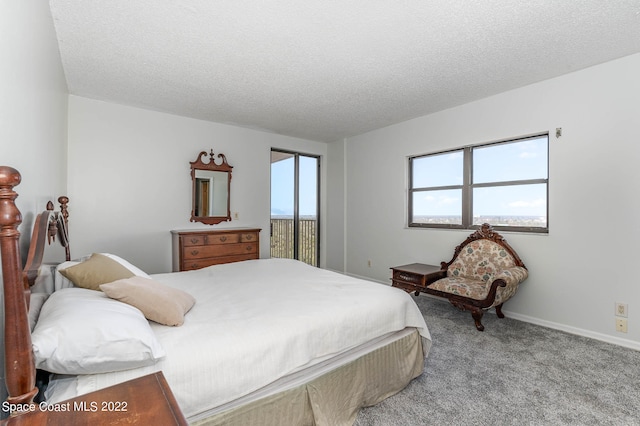 carpeted bedroom with a textured ceiling