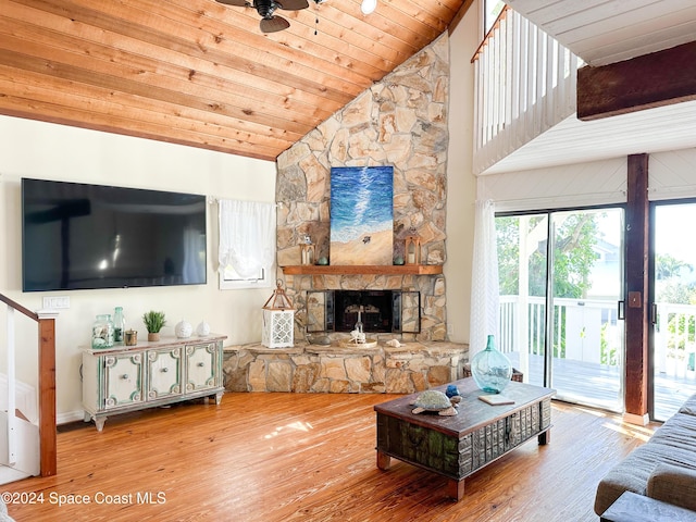 5875 Riverside Dr, Melbourne Beach, FL 32951 - living area with wood finished floors, wood ceiling, lofted ceiling, a stone fireplace, and stairway