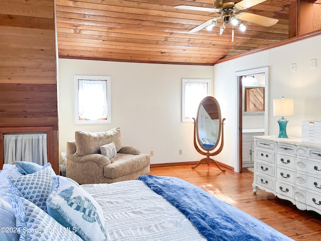 bedroom with ceiling fan, light hardwood / wood-style floors, wood ceiling, and multiple windows