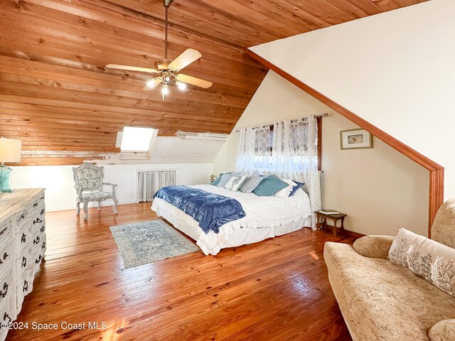 bedroom featuring hardwood / wood-style floors, lofted ceiling, wooden ceiling, radiator, and ceiling fan