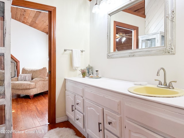 bathroom featuring wood-type flooring, vanity, and wood ceiling