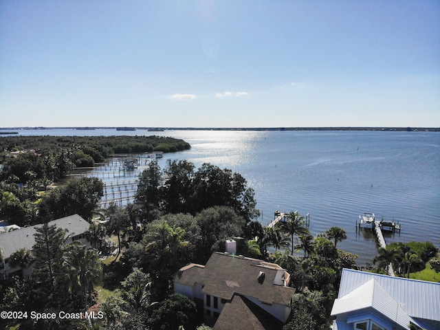 drone / aerial view featuring a water view