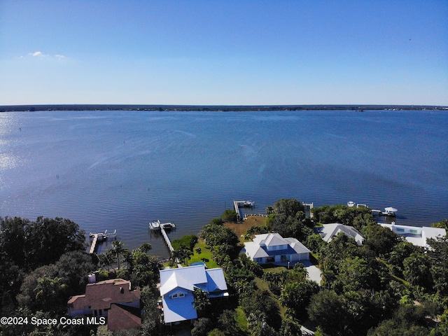 birds eye view of property with a water view