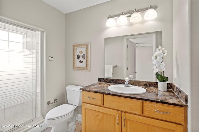 bathroom with vanity, toilet, and a shower with door