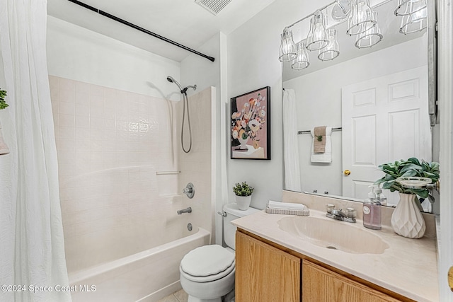 full bathroom featuring vanity, toilet, shower / tub combo, and an inviting chandelier