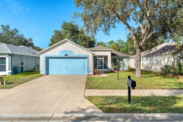 single story home featuring a front yard, a garage, and a sunroom