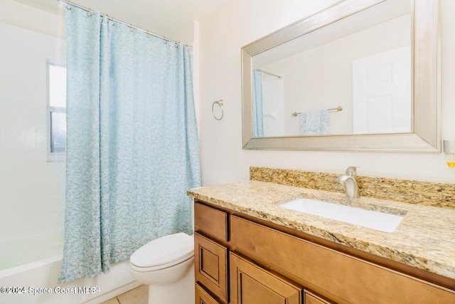 full bathroom with toilet, vanity, and shower / bath combination with curtain